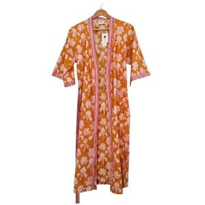 Pinklay Floral Block Print Cotton Kimono Robe XS/S Orange Pink NEW